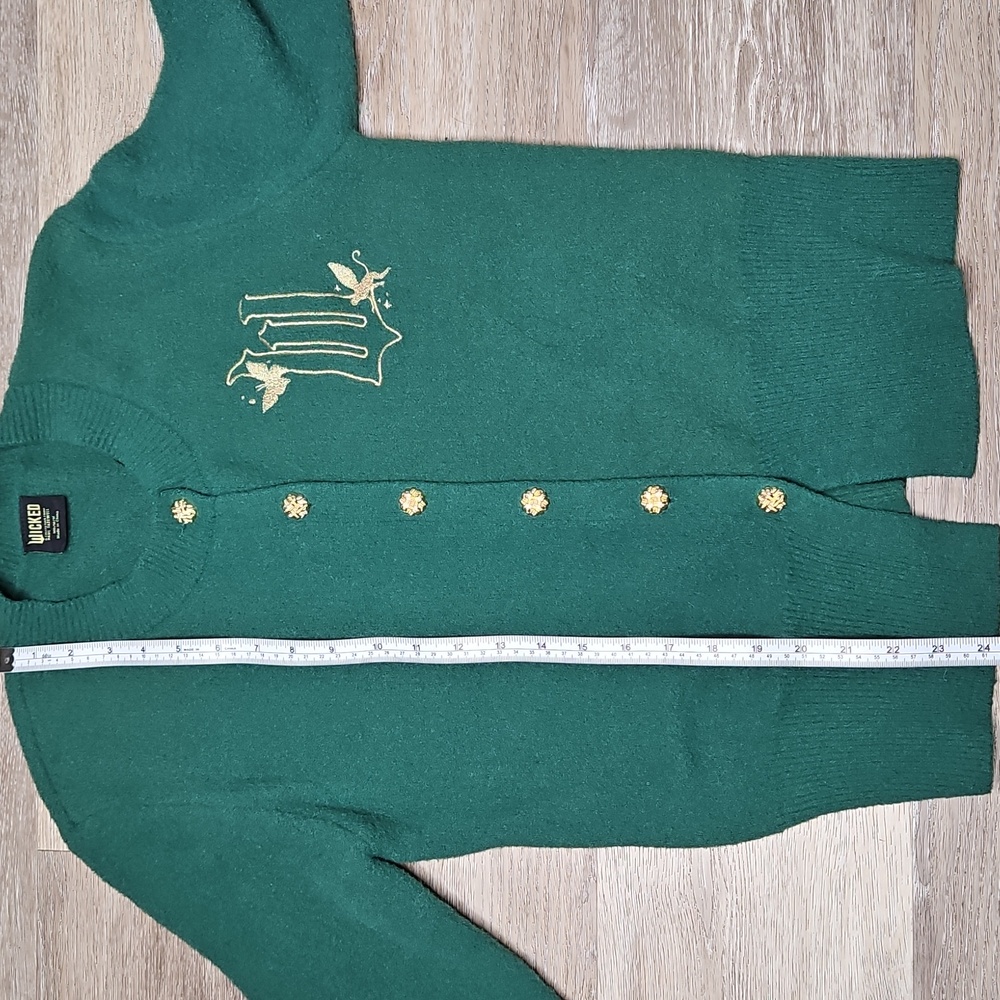 WICKED Green Cardigan gold Buttons with Embroidered W flying Monkey Size Medium - Picture 12 of 13